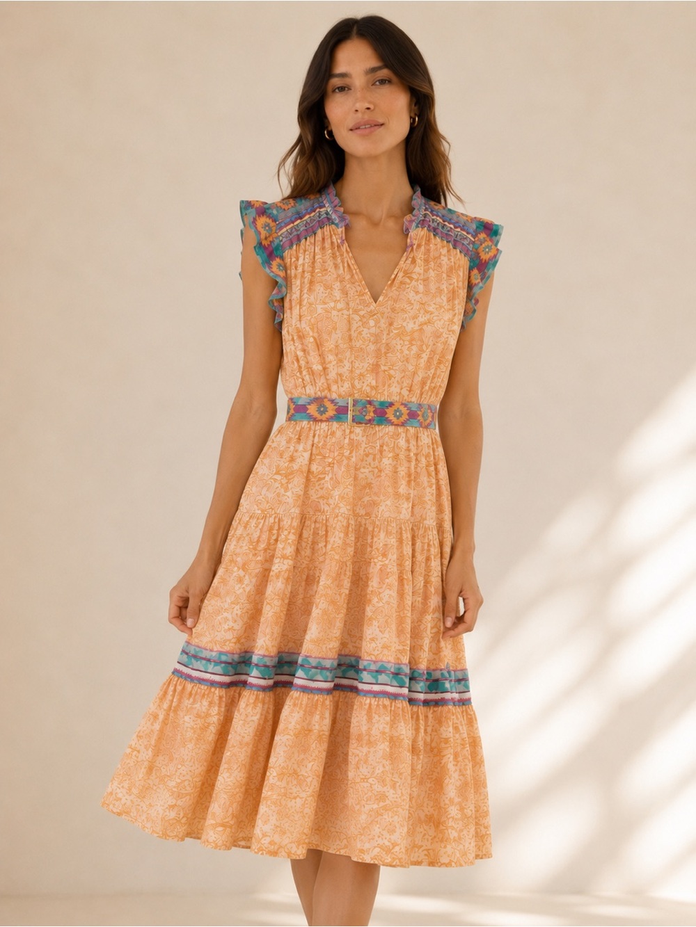 Current Air Peach Tiered Midi Dress with Blue & Purple Trim
Reposted, beautiful